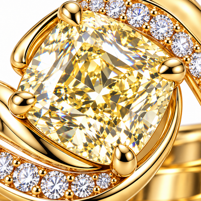 MISSISSI Cushion Spiral lab-grown diamond ring in 14K yellow gold, macro detail