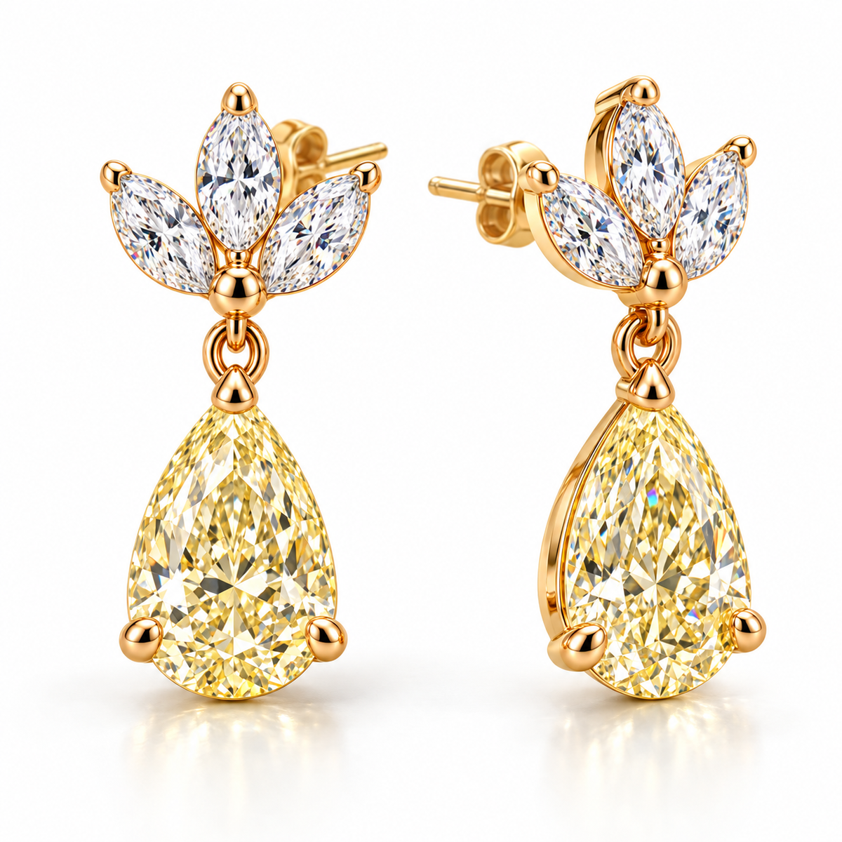MISSISSI Yellow Pear Chandelier lab-grown diamond earrings in 14K yellow gold, three quarter