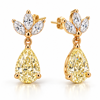MISSISSI Yellow Pear Chandelier lab-grown diamond earrings in 14K yellow gold, three quarter