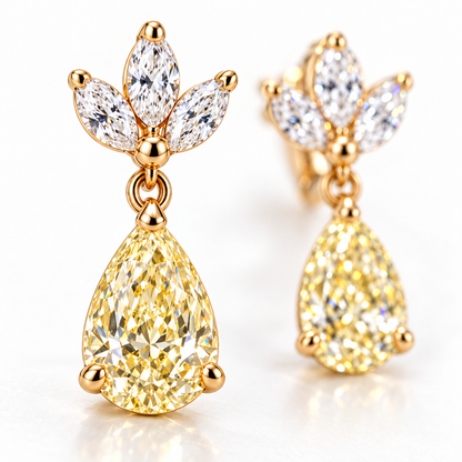 MISSISSI Yellow Pear Chandelier lab-grown diamond earrings in 14K yellow gold, macro detail