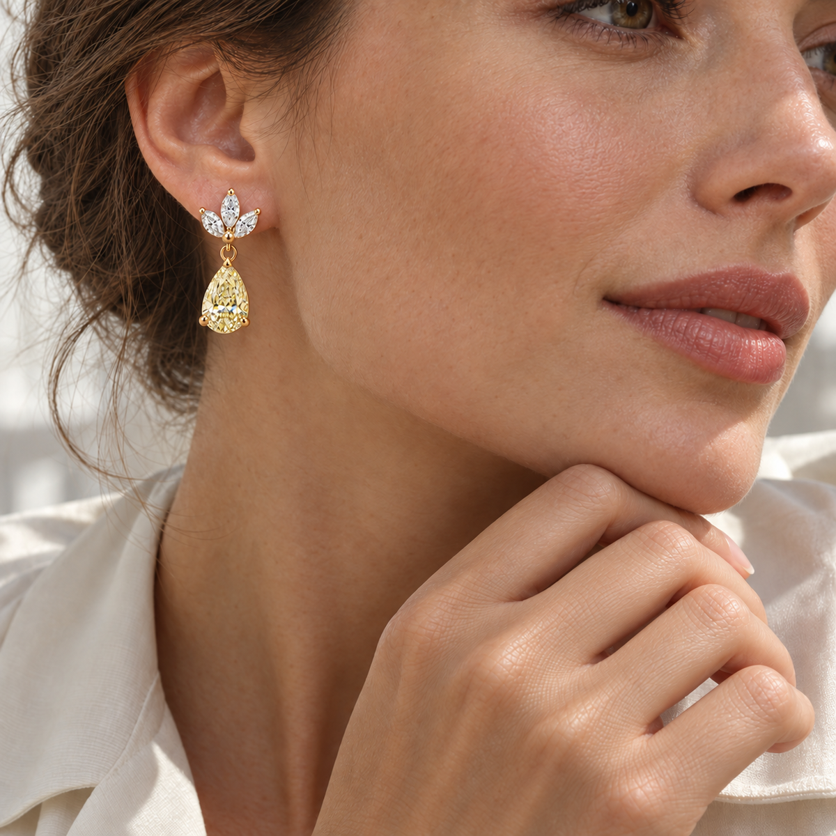 MISSISSI Yellow Pear Chandelier lab-grown diamond earrings in 14K yellow gold, worn