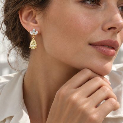 MISSISSI Yellow Pear Chandelier lab-grown diamond earrings in 14K yellow gold, worn