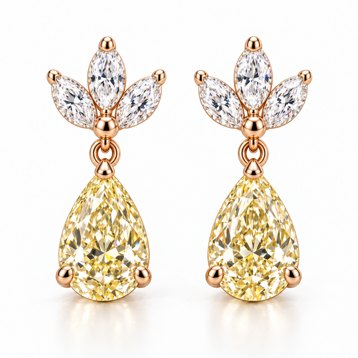 MISSISSI Yellow Pear Chandelier lab-grown diamond earrings in 14K pale champagne rose gold, hero