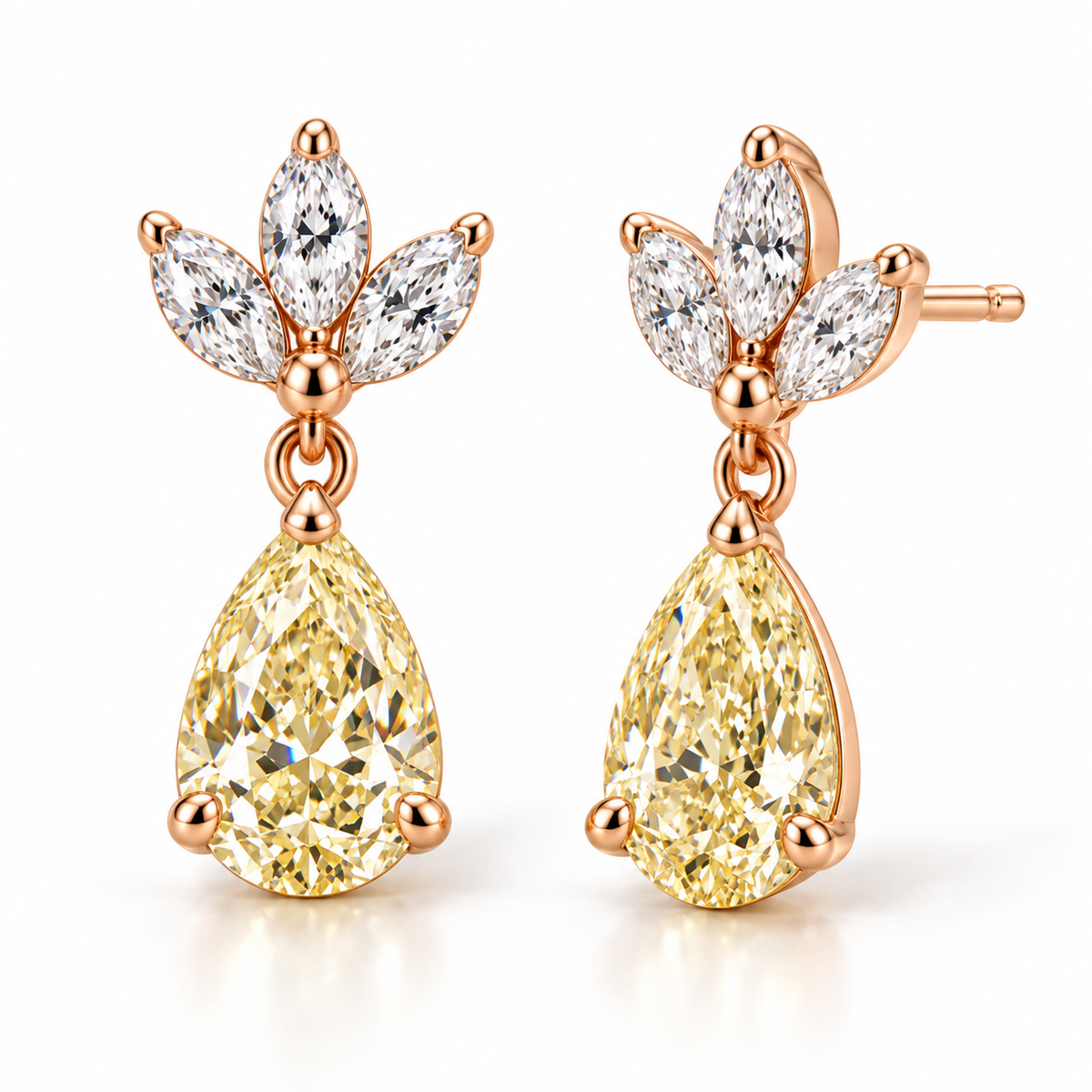 MISSISSI Yellow Pear Chandelier lab-grown diamond earrings in 14K pale champagne rose gold, three quarter