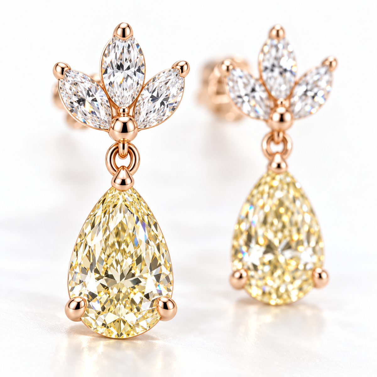 MISSISSI Yellow Pear Chandelier lab-grown diamond earrings in 14K pale champagne rose gold, macro detail