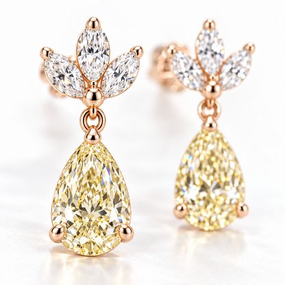 MISSISSI Yellow Pear Chandelier lab-grown diamond earrings in 14K pale champagne rose gold, macro detail