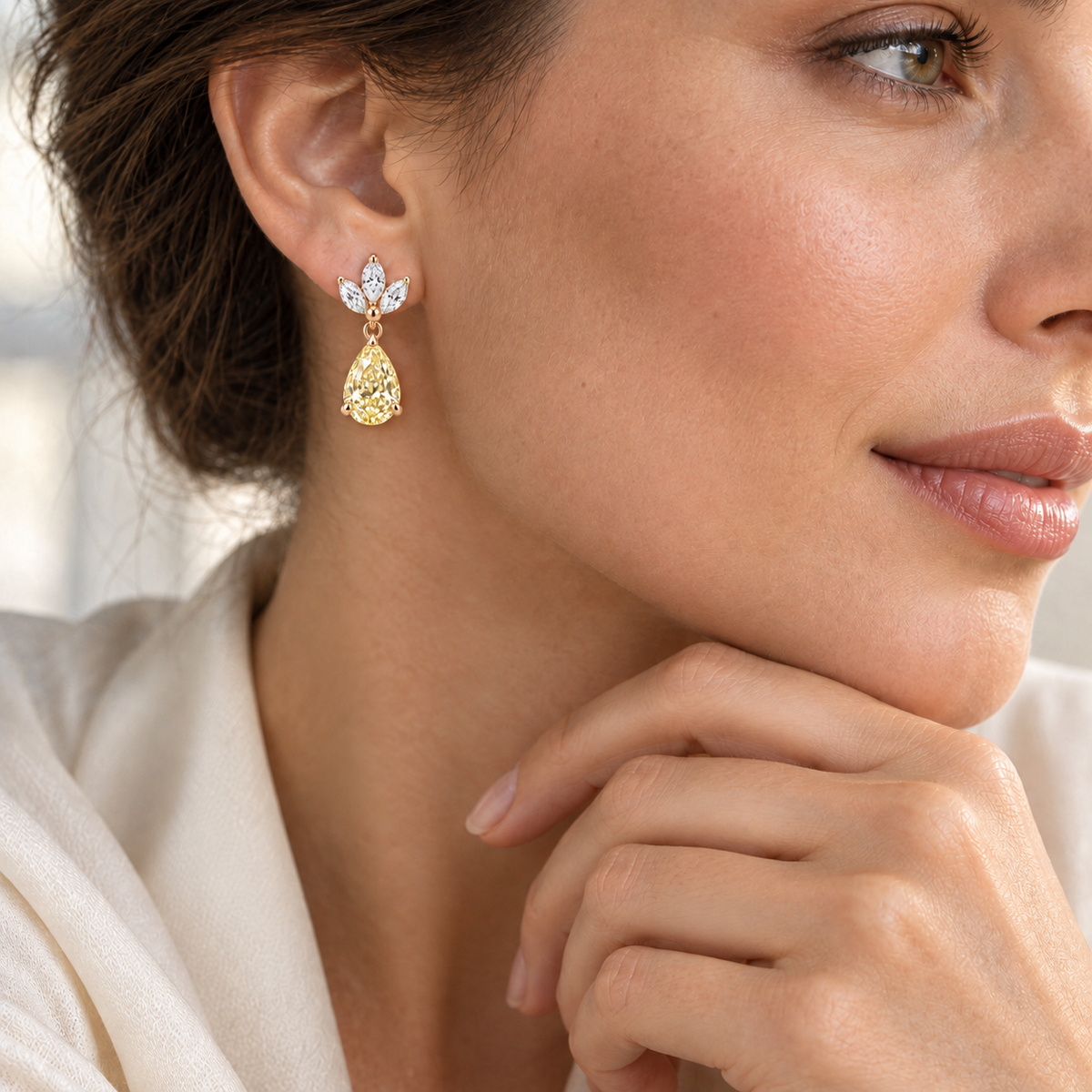 MISSISSI Yellow Pear Chandelier lab-grown diamond earrings in 14K pale champagne rose gold, worn