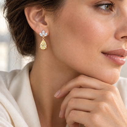 MISSISSI Yellow Pear Chandelier lab-grown diamond earrings in 14K pale champagne rose gold, worn