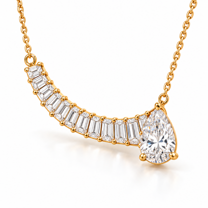 MISSISSI Off-Center Comet Pear and Baguette Lab-Grown Diamond Necklace design visualization in yellow gold, angled view