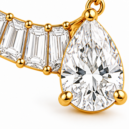 MISSISSI Off-Center Comet Pear and Baguette Lab-Grown Diamond Necklace design visualization in yellow gold, macro detail