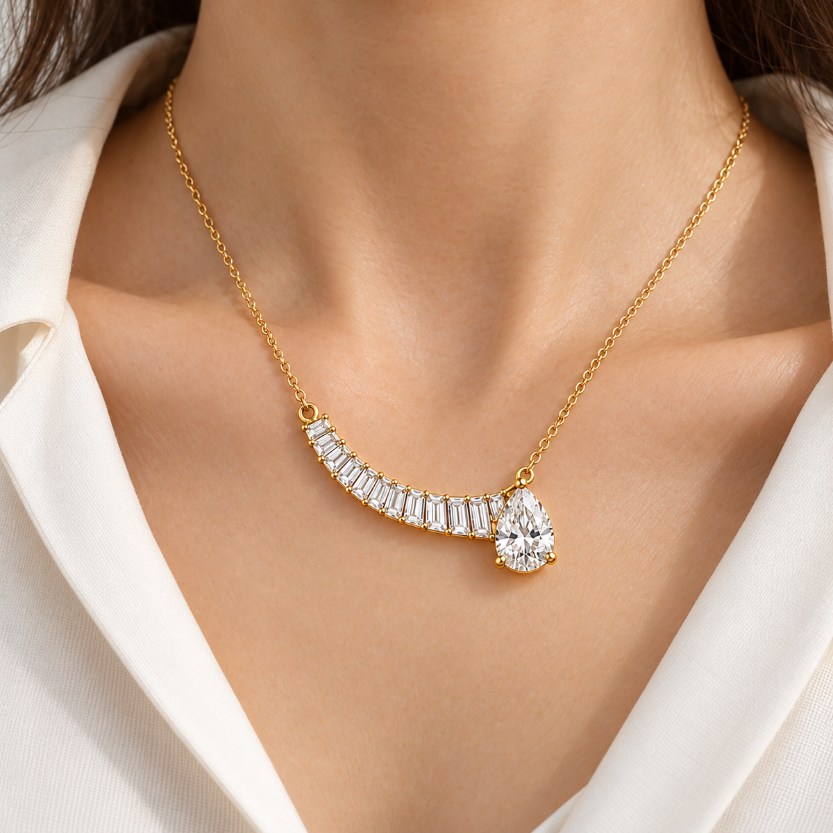 MISSISSI Off-Center Comet Pear and Baguette Lab-Grown Diamond Necklace design visualization in yellow gold, worn at the neckline