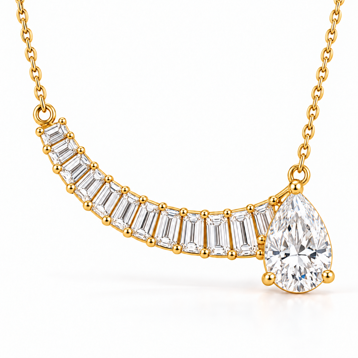 MISSISSI Off-Center Comet Pear and Baguette Lab-Grown Diamond Necklace design visualization in yellow gold, front view