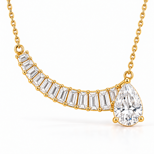 MISSISSI Off-Center Comet Pear and Baguette Lab-Grown Diamond Necklace design visualization in yellow gold, front view