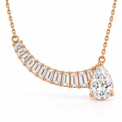MISSISSI Off-Center Comet Pear and Baguette Lab-Grown Diamond Necklace design visualization in pale rose gold, front view