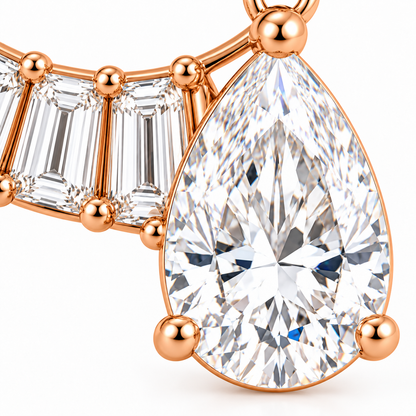MISSISSI Off-Center Comet Pear and Baguette Lab-Grown Diamond Necklace design visualization in pale rose gold, macro detail