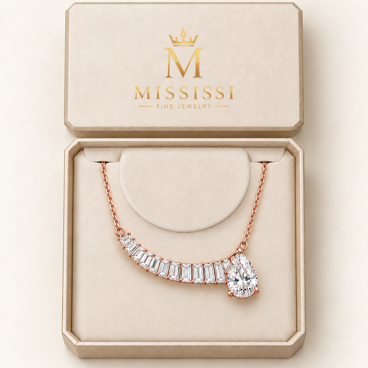 MISSISSI Off-Center Comet Pear and Baguette Lab-Grown Diamond Necklace design visualization in pale rose gold, inside an ivory presentation box with the official MISSISSI logo