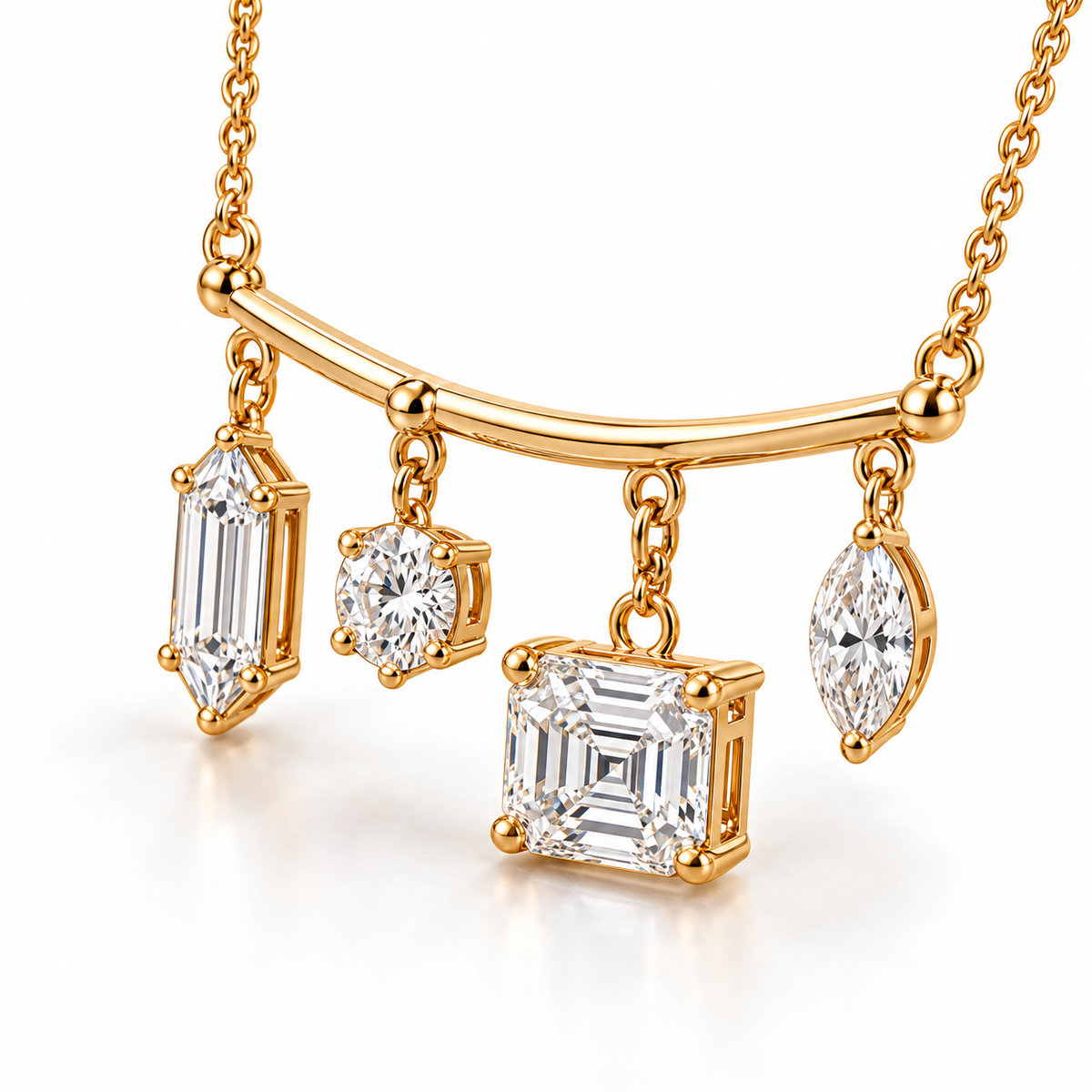 MISSISSI Diamond Mobile Mixed-Cut Lab-Grown Diamond Necklace design visualization in yellow gold, angled view