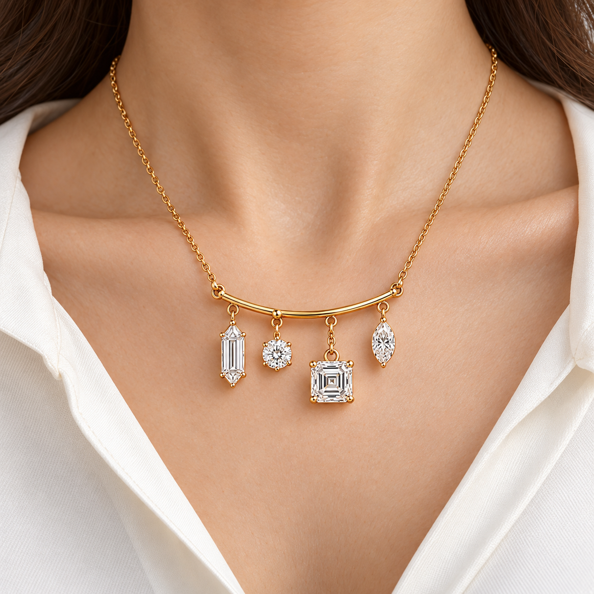MISSISSI Diamond Mobile Mixed-Cut Lab-Grown Diamond Necklace design visualization in yellow gold, worn at the neckline