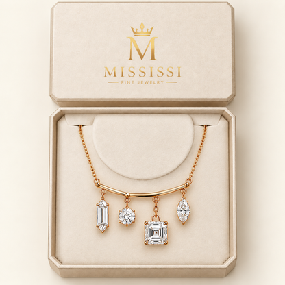 MISSISSI Diamond Mobile Mixed-Cut Lab-Grown Diamond Necklace design visualization in yellow gold, inside an ivory presentation box with the official MISSISSI logo
