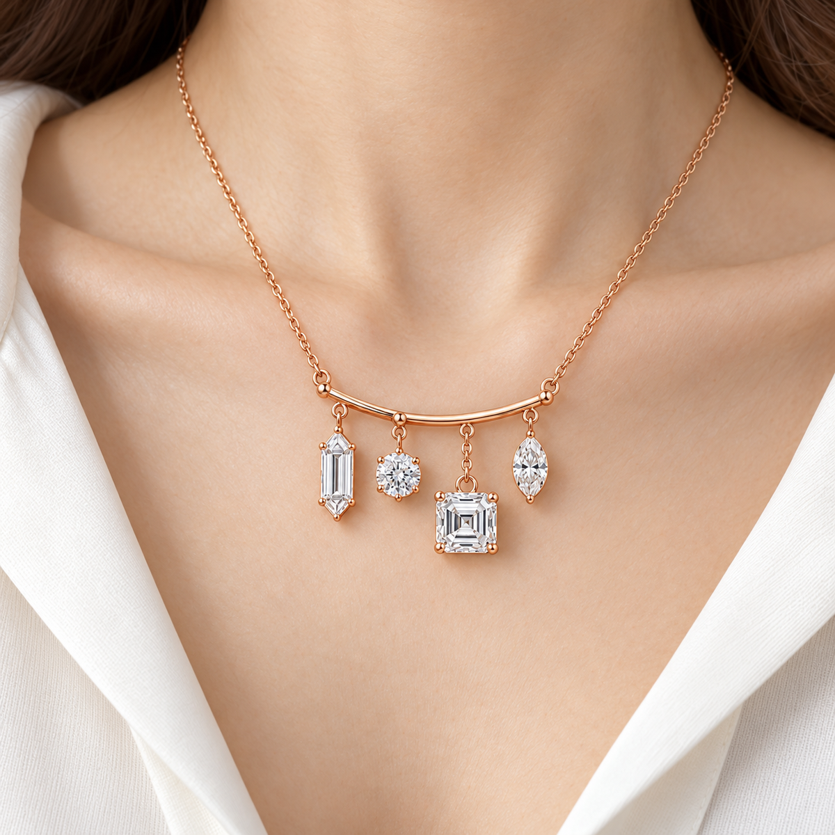 MISSISSI Diamond Mobile Mixed-Cut Lab-Grown Diamond Necklace design visualization in pale rose gold, worn at the neckline