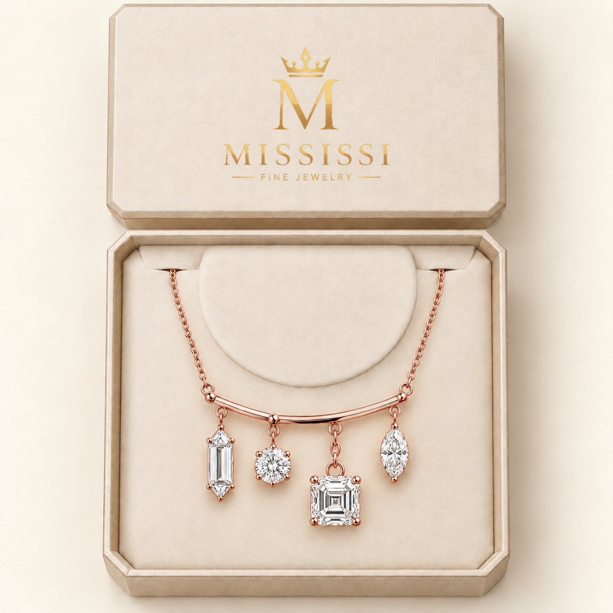 MISSISSI Diamond Mobile Mixed-Cut Lab-Grown Diamond Necklace design visualization in pale rose gold, inside an ivory presentation box with the official MISSISSI logo