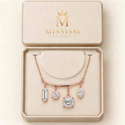 MISSISSI Diamond Mobile Mixed-Cut Lab-Grown Diamond Necklace design visualization in pale rose gold, inside an ivory presentation box with the official MISSISSI logo