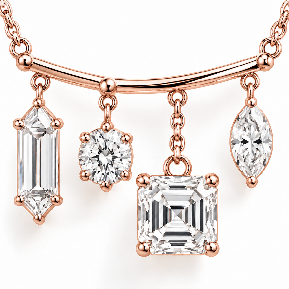 MISSISSI Diamond Mobile Mixed-Cut Lab-Grown Diamond Necklace design visualization in pale rose gold, macro detail