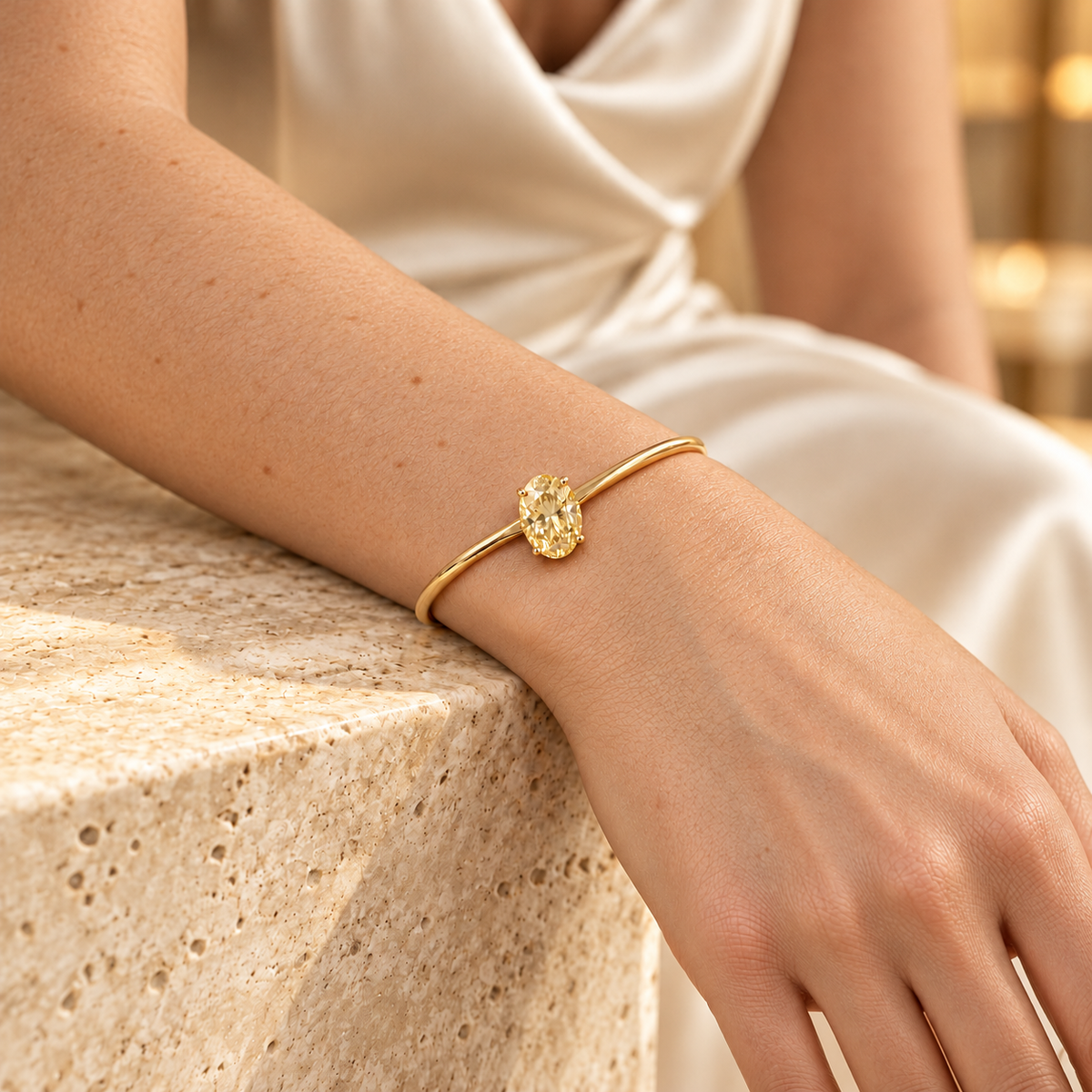 YB06 yellow diamond bangle design visualization, fair skin wearer