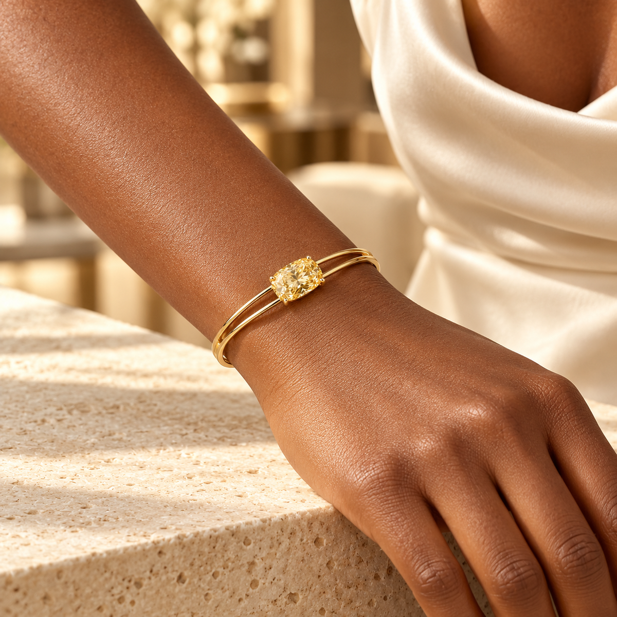 YB07 yellow diamond bangle, deep brown skin wearer design visualization