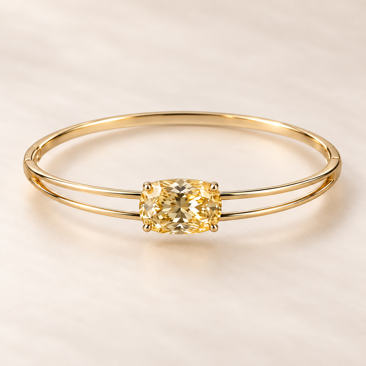 Design visualization of a horizontal cushion-cut lab-grown yellow diamond in a double-rail bangle front that joins into one rear band