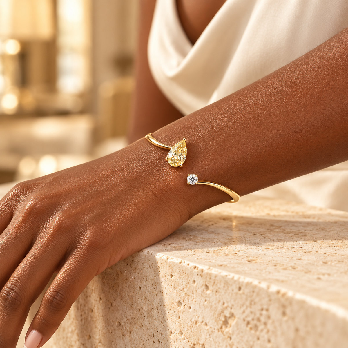 YB08 yellow diamond bangle, deep brown skin wearer design visualization
