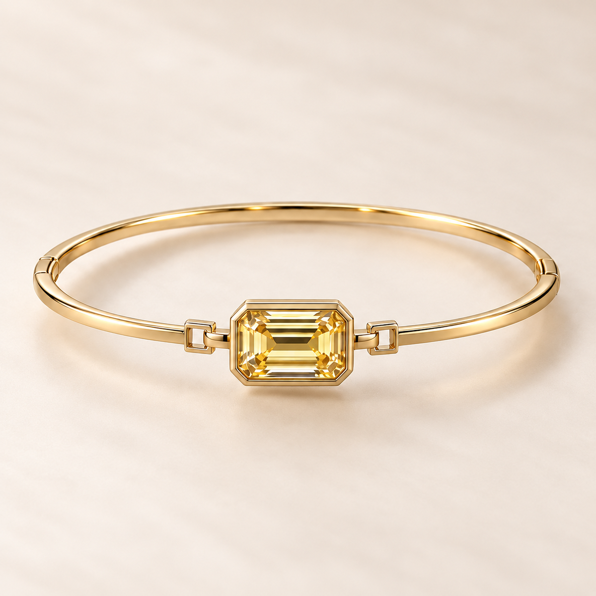 Design visualization of a horizontal emerald-cut lab-grown yellow diamond in a bezel-style bangle setting with small geometric side links
