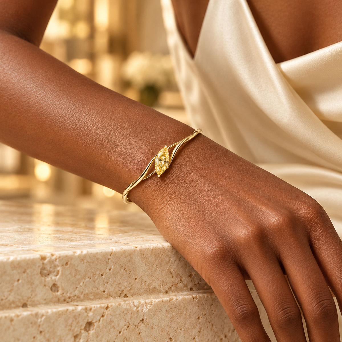 YB10 yellow diamond bangle, deep brown skin wearer design visualization