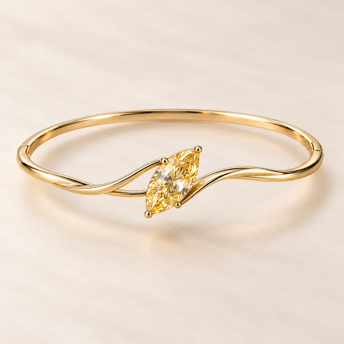 Design visualization of a diagonal marquise-cut lab-grown yellow diamond between flowing sculpted shoulders on a slender bangle