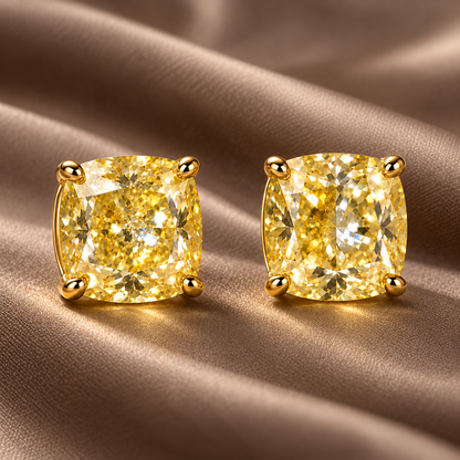 Design visualization of MISSISSI YE01 yellow lab-grown diamond earrings, pair on taupe silk