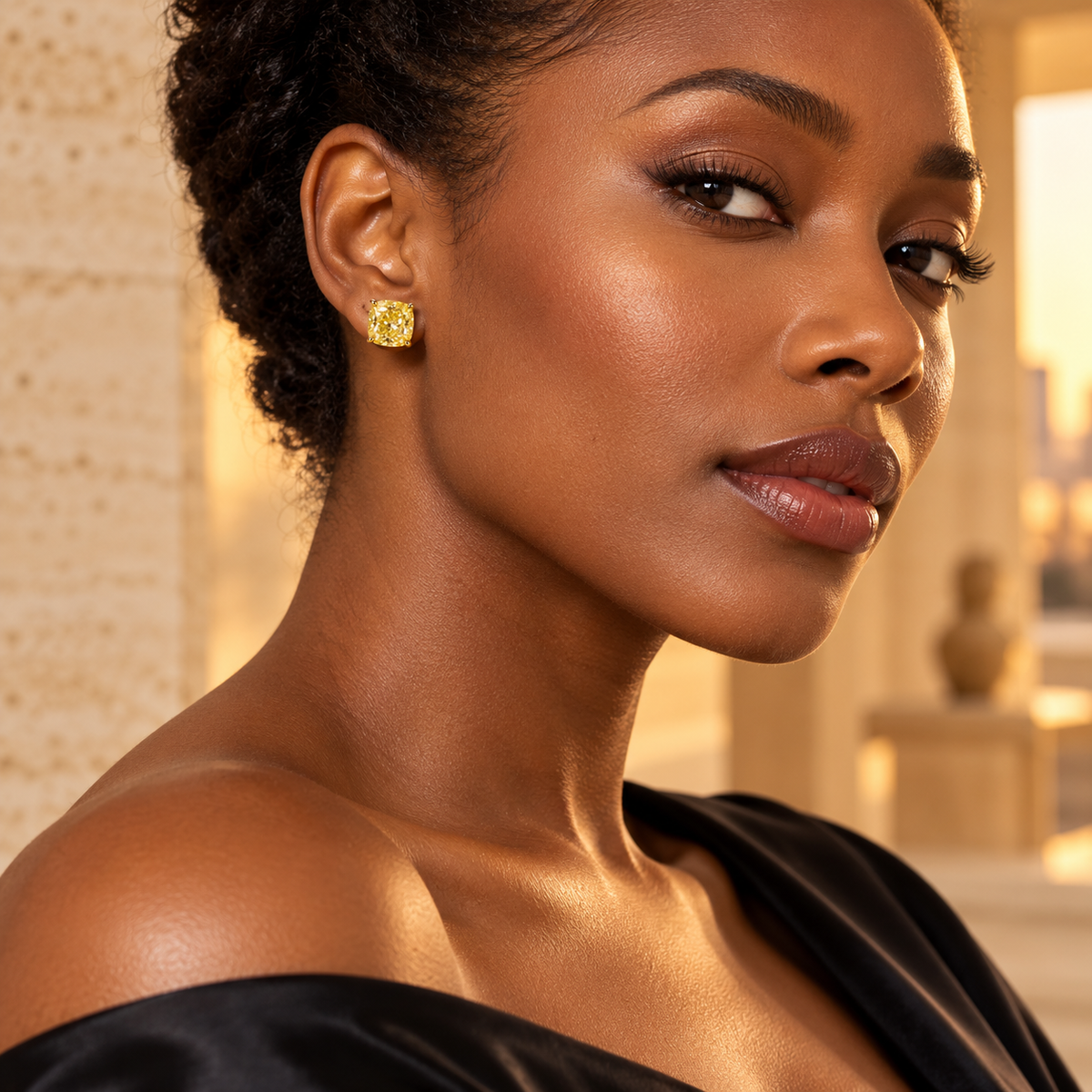 Design visualization of MISSISSI YE01 yellow lab-grown diamond earrings worn by an adult Black woman