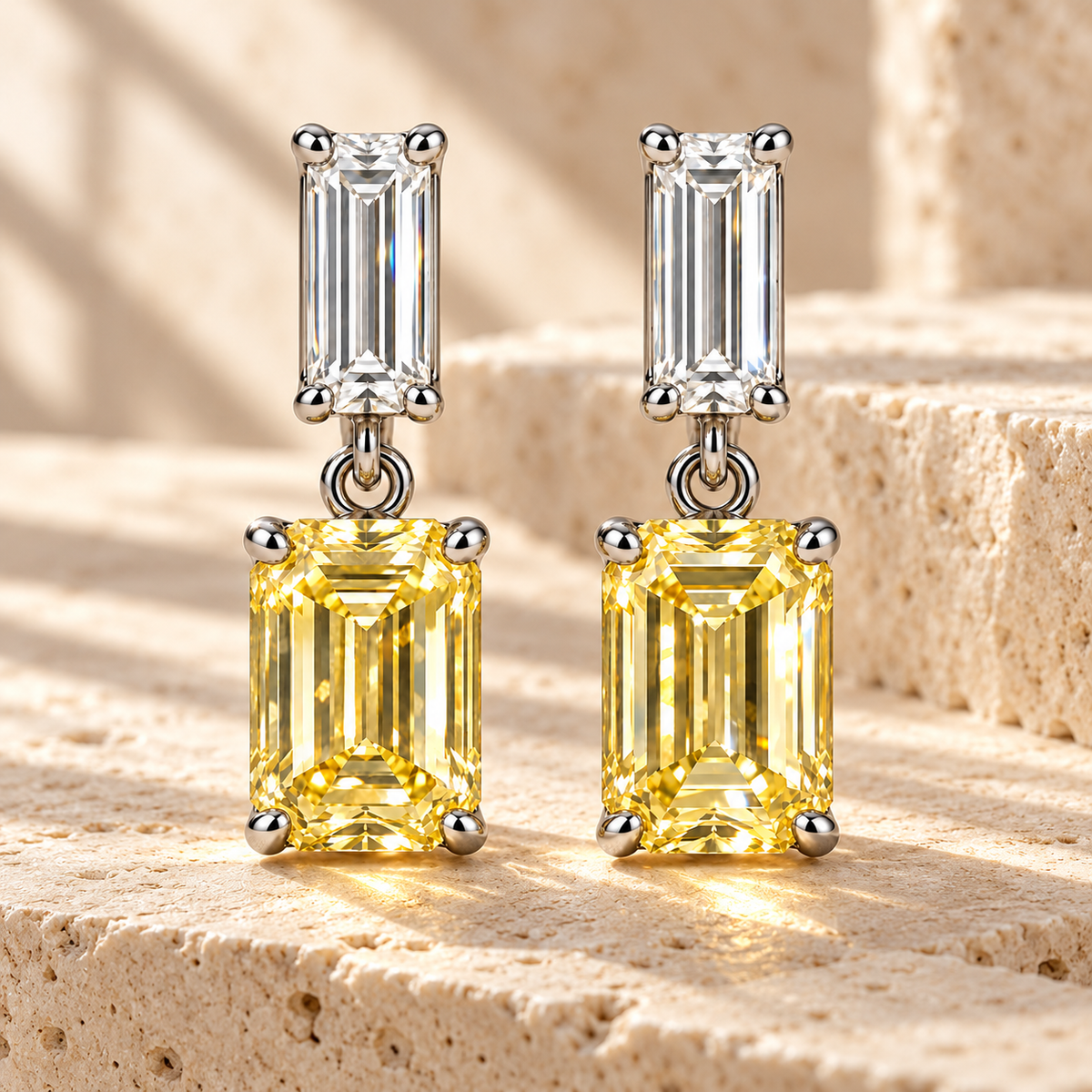 Design visualization of MISSISSI YE02 yellow lab-grown diamond earrings, pair on travertine