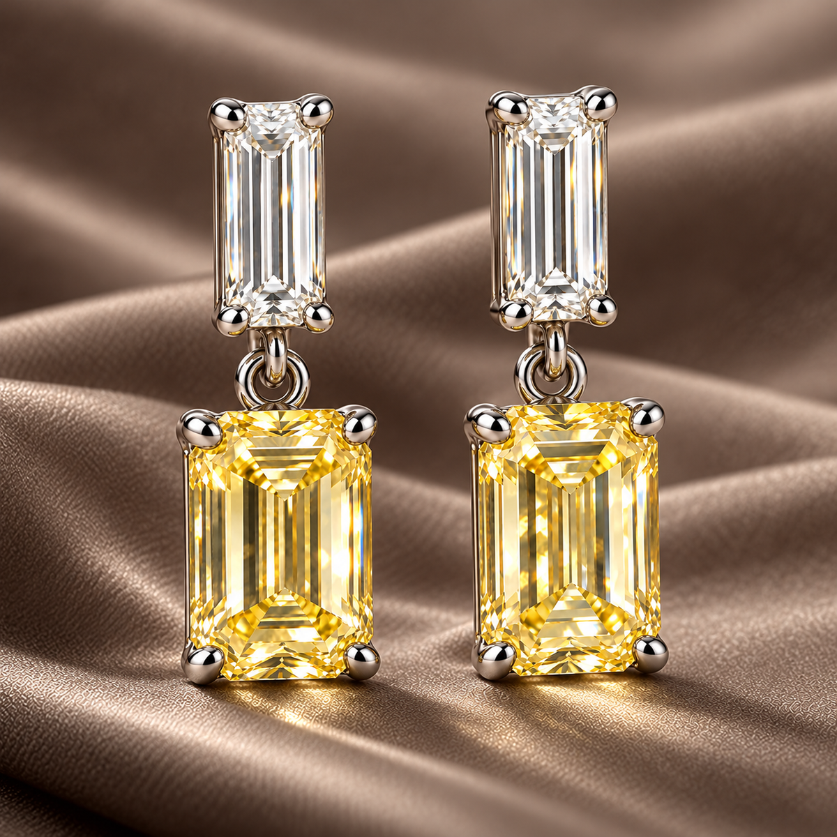 Design visualization of MISSISSI YE02 yellow lab-grown diamond earrings, pair on taupe silk