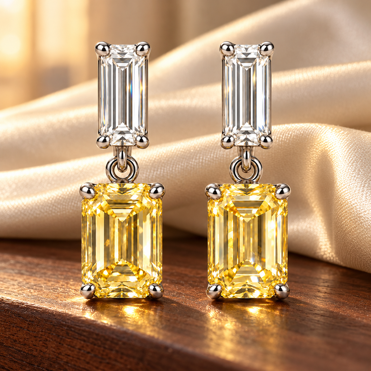 Design visualization of MISSISSI YE02 yellow lab-grown diamond earrings, pair on walnut with silk