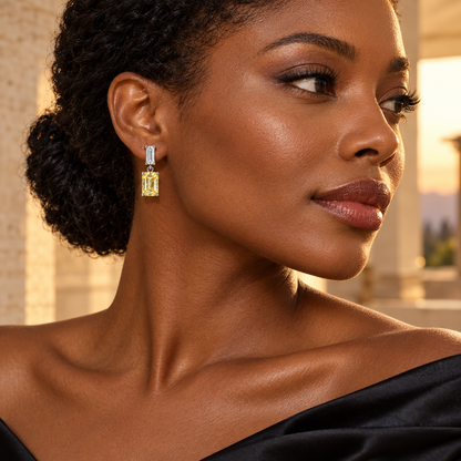 Design visualization of MISSISSI YE02 yellow lab-grown diamond drop earrings worn by an adult Black woman