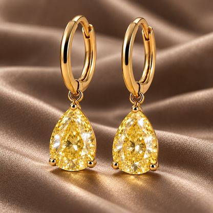Design visualization of MISSISSI YE03 yellow lab-grown diamond earrings, pair on taupe silk