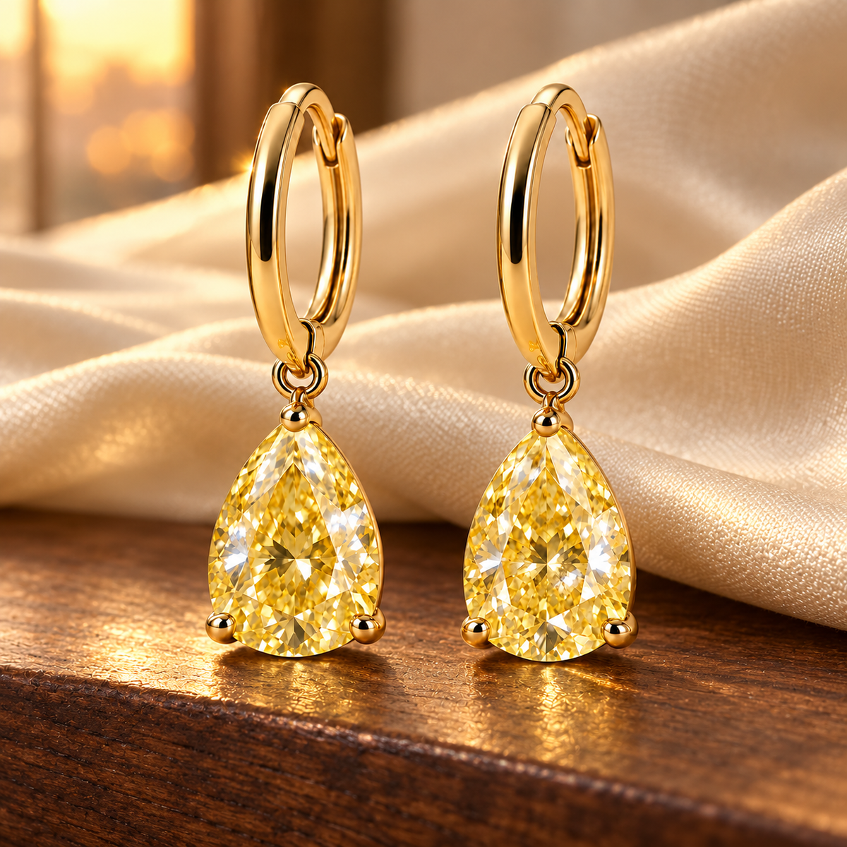 Design visualization of MISSISSI YE03 yellow lab-grown diamond huggie earrings, pair on walnut with silk