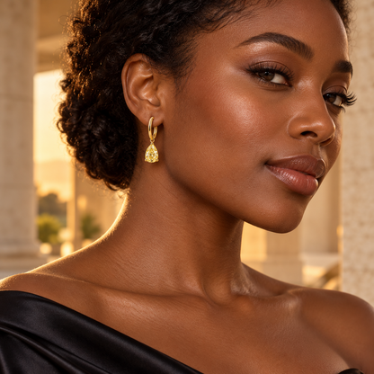 Design visualization of MISSISSI YE03 yellow lab-grown diamond earrings worn by an adult Black woman