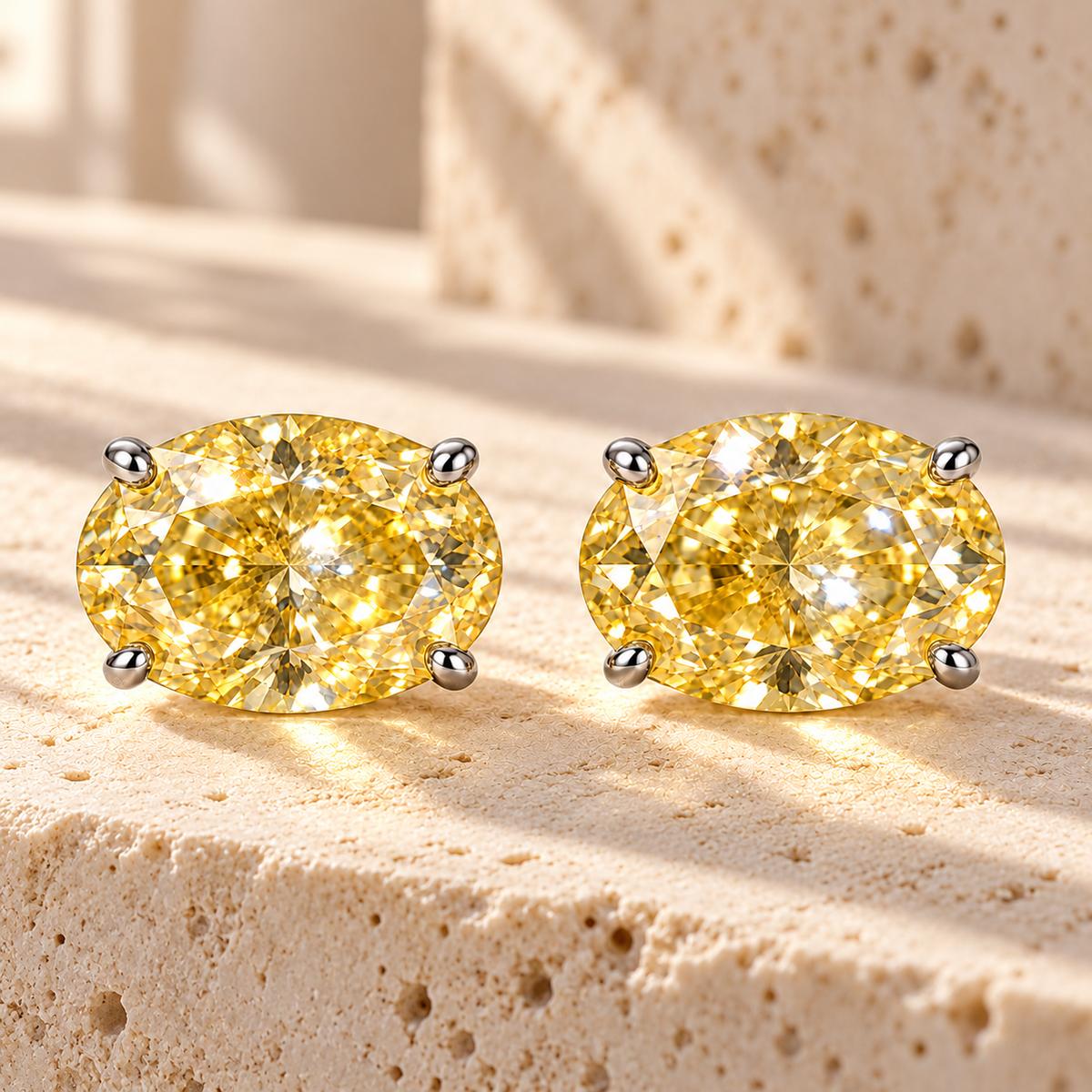 Design visualization of MISSISSI YE04 yellow lab-grown diamond earrings, pair on travertine