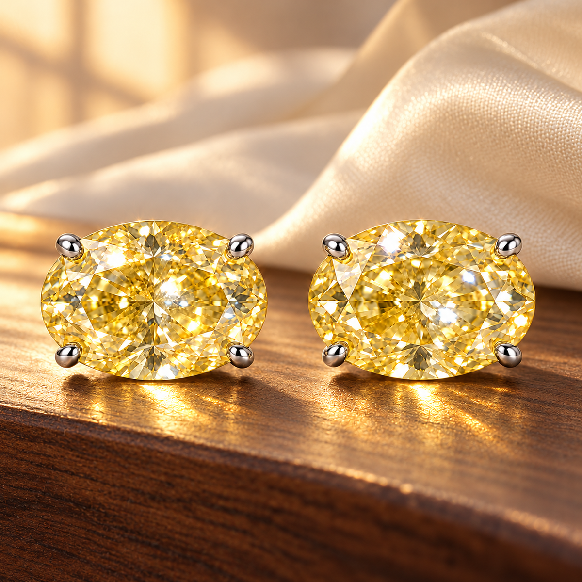Design visualization of MISSISSI YE04 yellow lab-grown diamond earrings, pair on walnut with silk