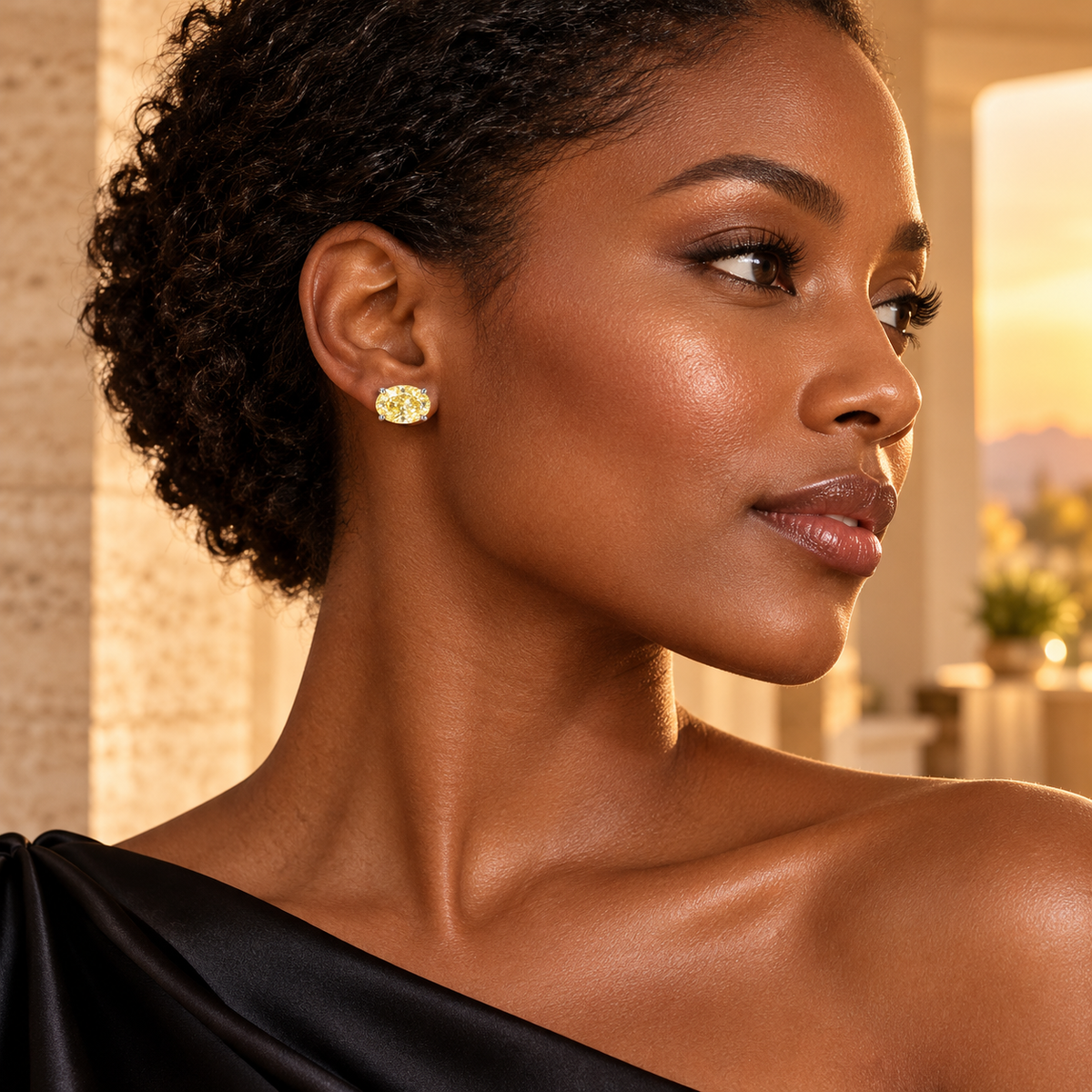 Design visualization of MISSISSI YE04 yellow lab-grown diamond earrings worn by an adult Black woman