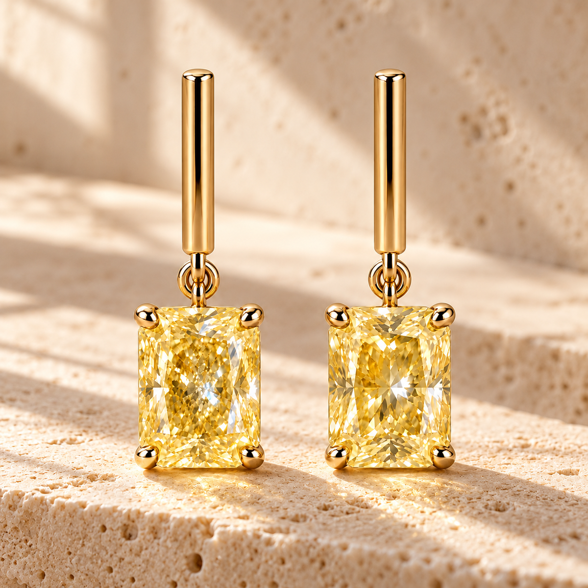Design visualization of MISSISSI YE05 yellow lab-grown diamond earrings, pair on travertine