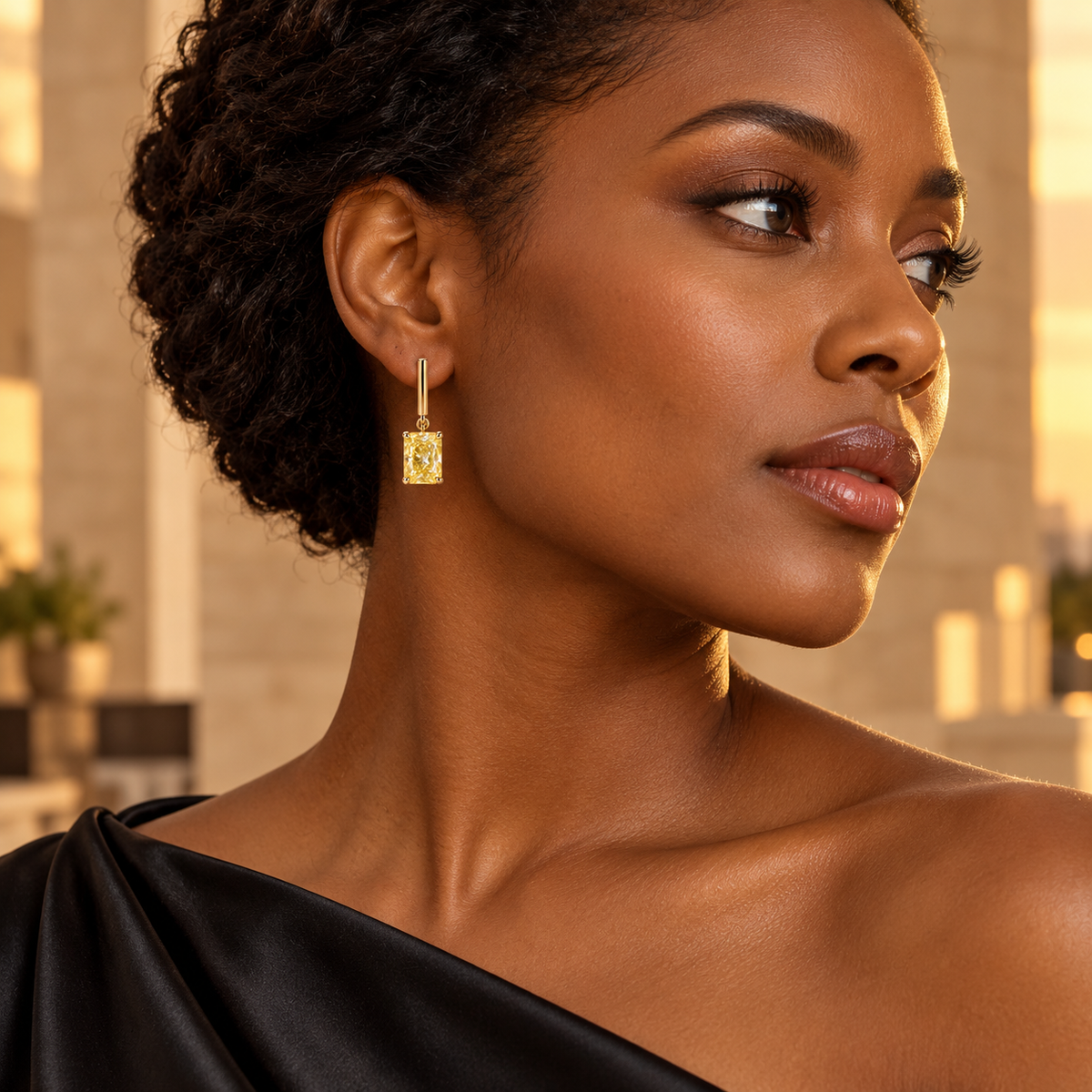Design visualization of MISSISSI YE05 yellow lab-grown diamond earrings worn by an adult Black woman