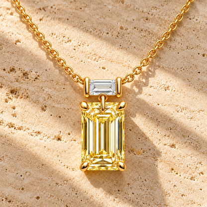 Design visualization of MISSISSI YN06 yellow lab-grown diamond necklace, on travertine