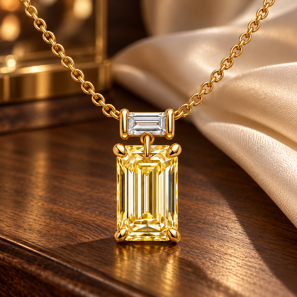 Design visualization of MISSISSI YN06 yellow lab-grown diamond necklace, on walnut with silk